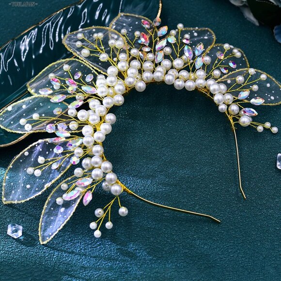 ✨✨Mesh leaf shape pearl fantasy rhinestone crown birthday headdress - Picture 3 of 4
